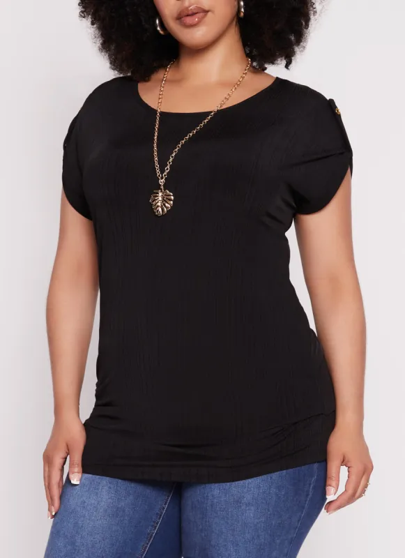 Plus Size Tabbed Short Sleeve Top with Necklace sold by Rainbow