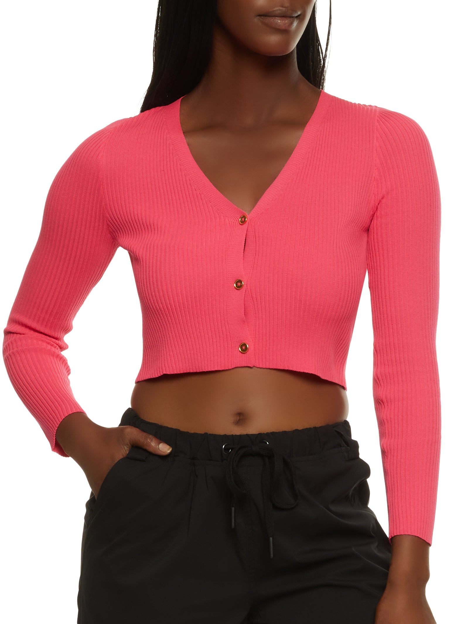 Ribbed Knit Button Front Cropped Cardigan sold by Rainbow