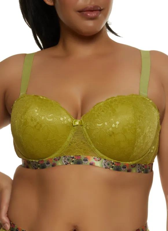 Plus Size Ribbon Trim Floral Lace Balconette Bra | Converts to Strapless sold by Rainbow