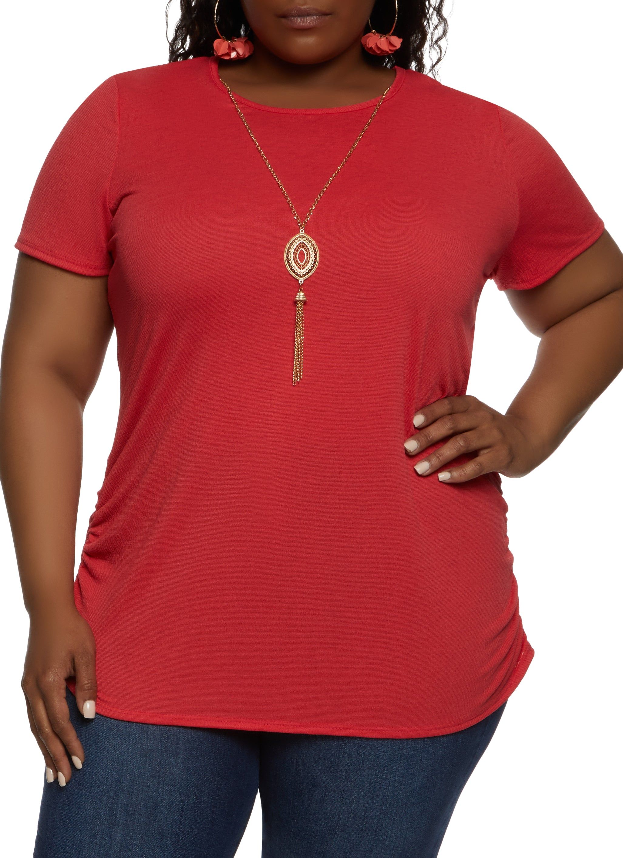 Plus Size Gauze Knit Ruched Tee with Necklace sold by Rainbow