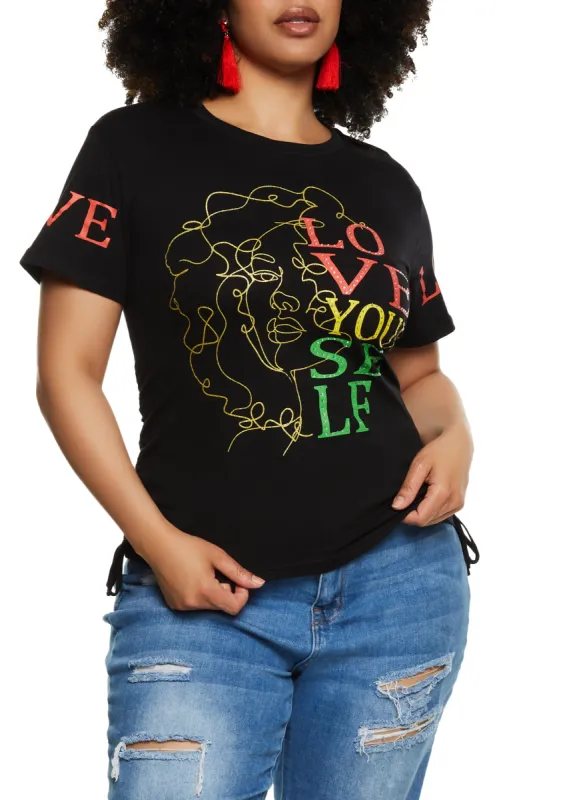Plus Size Rhinestone Love Yourself Laser Cut Graphic Tee sold by Rainbow