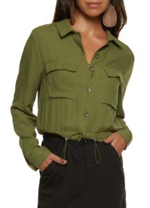 Drawstring Hem Button Front Cropped Shirt sold by Rainbow