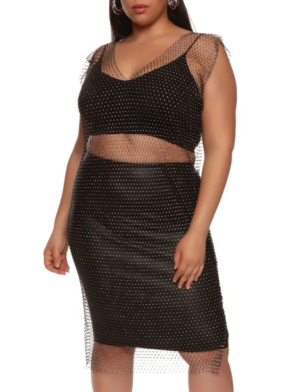 Plus Size Rhinestone Fishnet Cap Sleeve Midi Dress sold by Rainbow