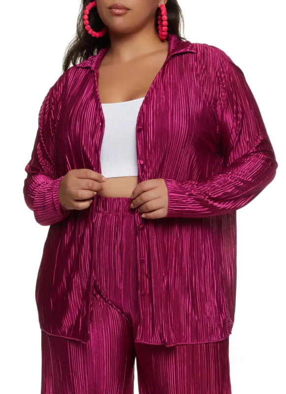 Plus Size Solid Plisse Button Front Shirt sold by Rainbow