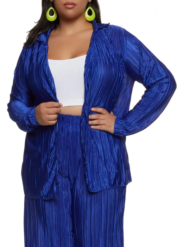 Plus Size Solid Plisse Button Front Shirt sold by Rainbow