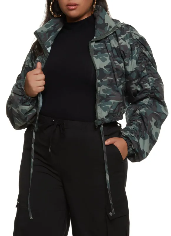 Plus Size Camo Ruched Sleeve Windbreaker Jacket sold by Rainbow
