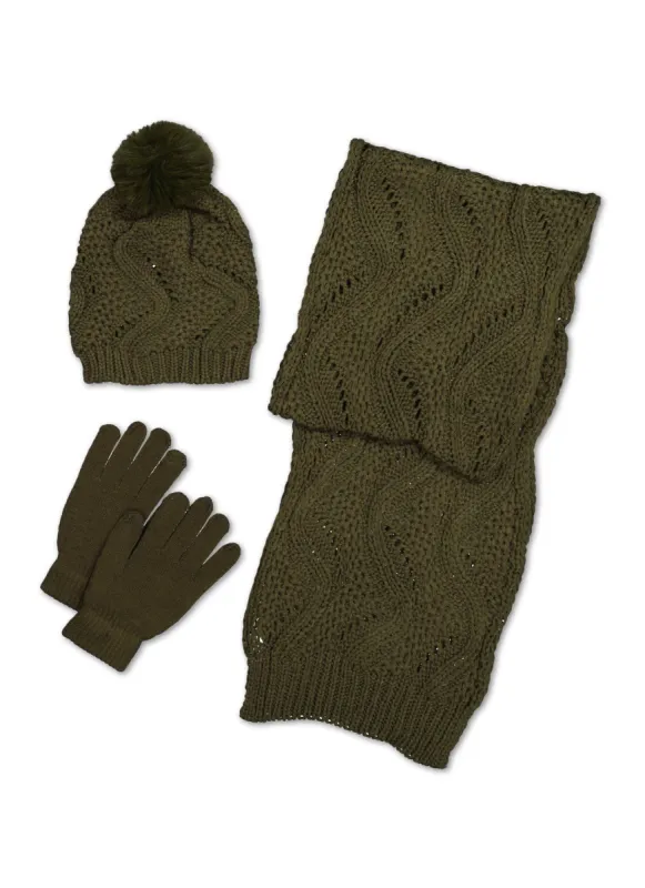 Pointelle Knit Scarf and Pom Pom Beanie with Gloves sold by Rainbow