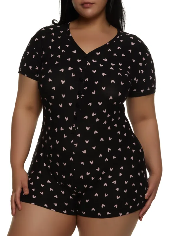Plus Size Kiss Me Heart Print Pajama Romper sold by Rainbow