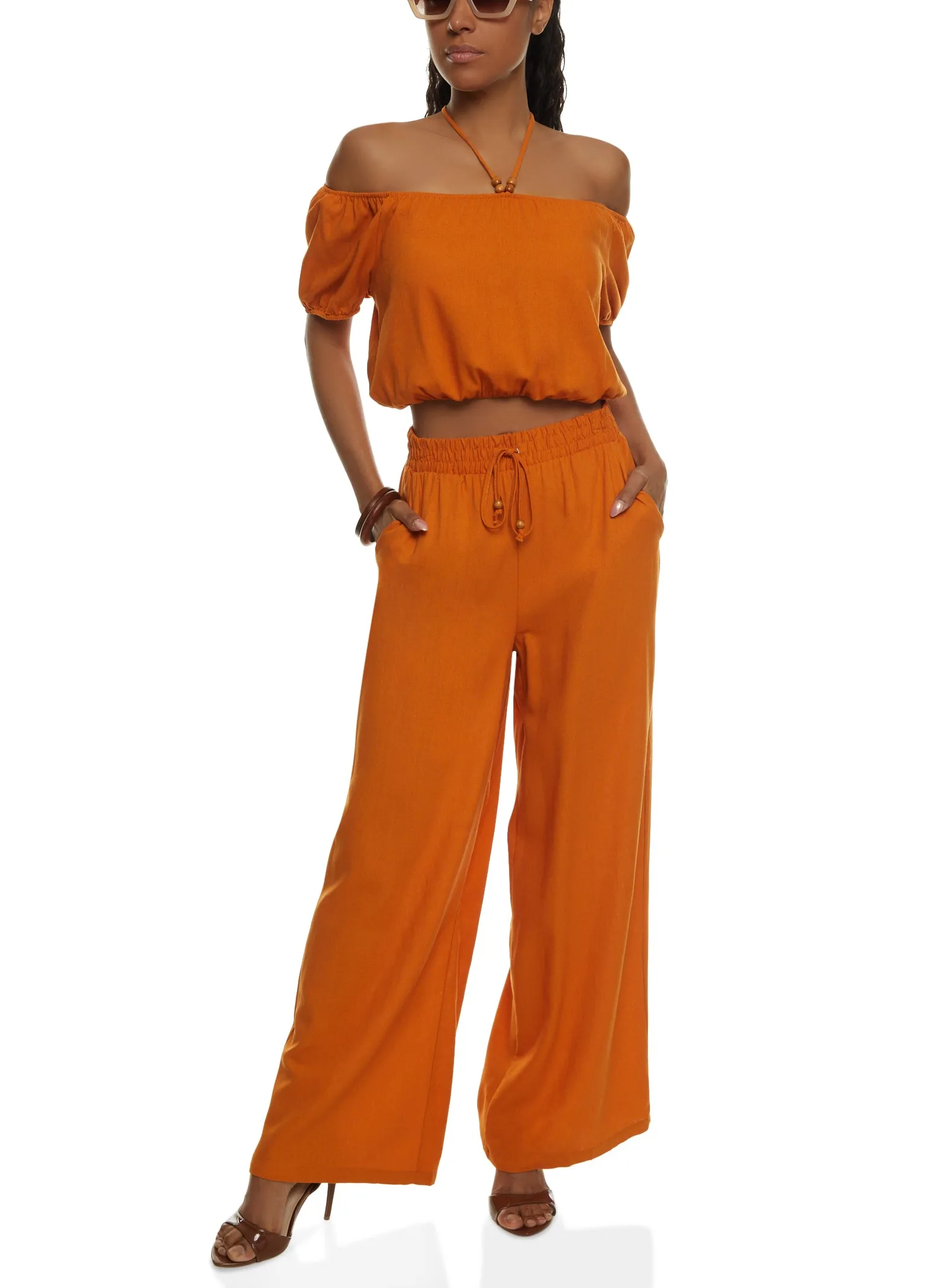 Iris Linen Off the Shoulder Halter Neck Crop Top sold by Rainbow product image thumbnail 2