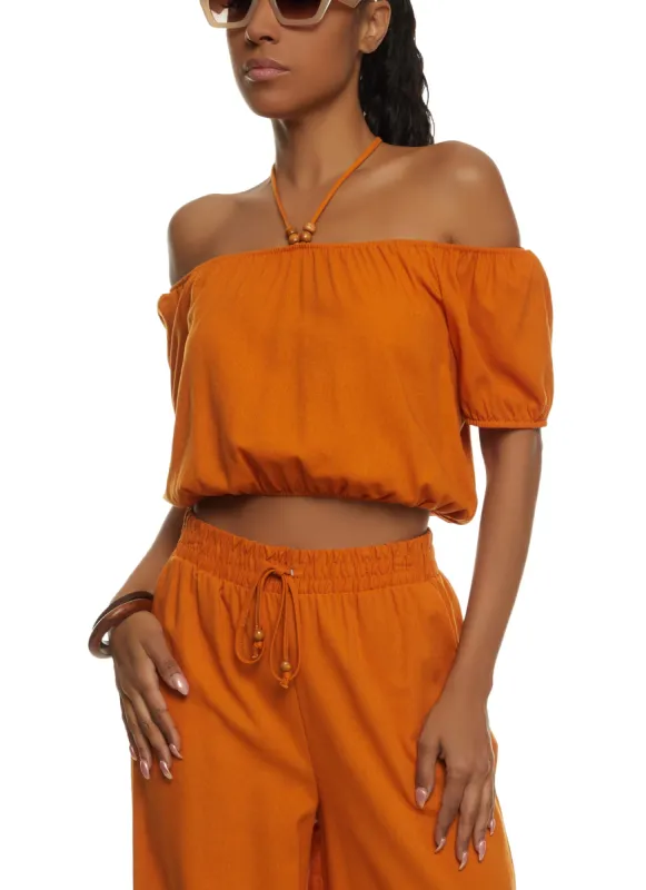 Iris Linen Off the Shoulder Halter Neck Crop Top sold by Rainbow