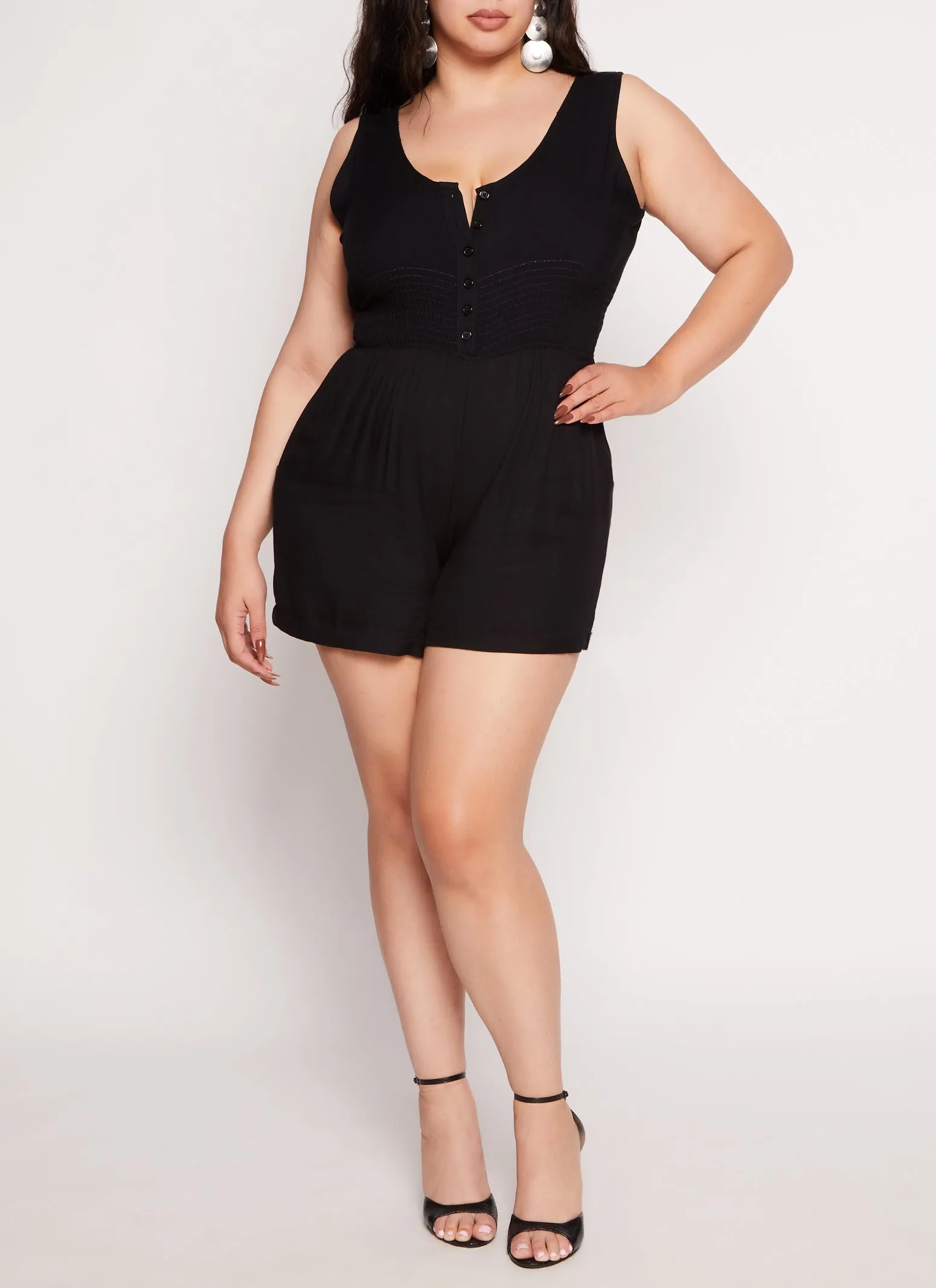 Plus Size Twill Button Front Smocked Waist Romper sold by Rainbow product image thumbnail 2