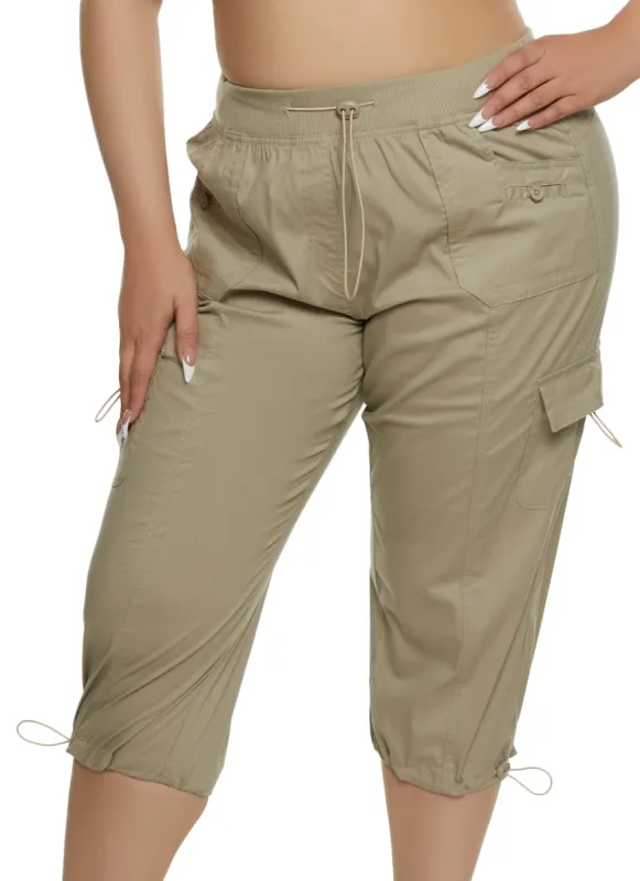 Plus Size Poplin Toggle Drawstring Cargo Capris sold by Rainbow