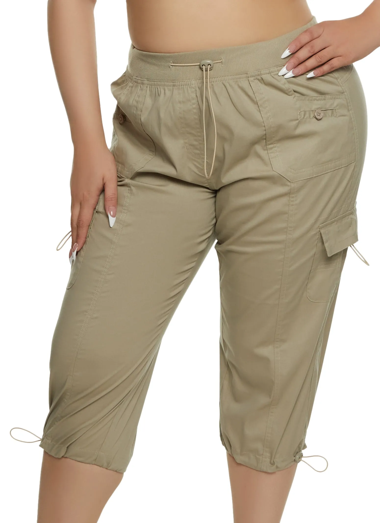 Plus Size Poplin Toggle Drawstring Cargo Capris sold by Rainbow