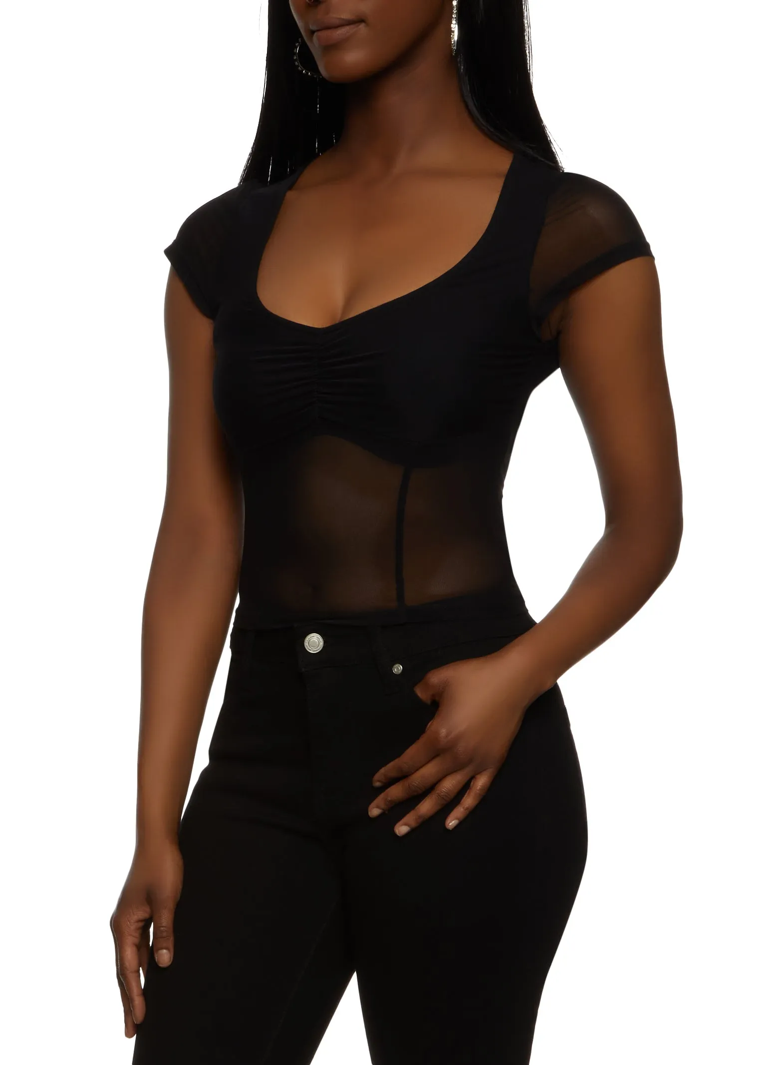 Short Sleeve Ruched Front Mesh Top sold by Rainbow