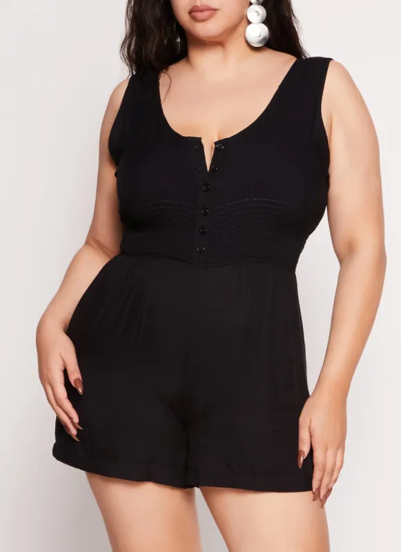 Plus Size Twill Button Front Smocked Waist Romper sold by Rainbow