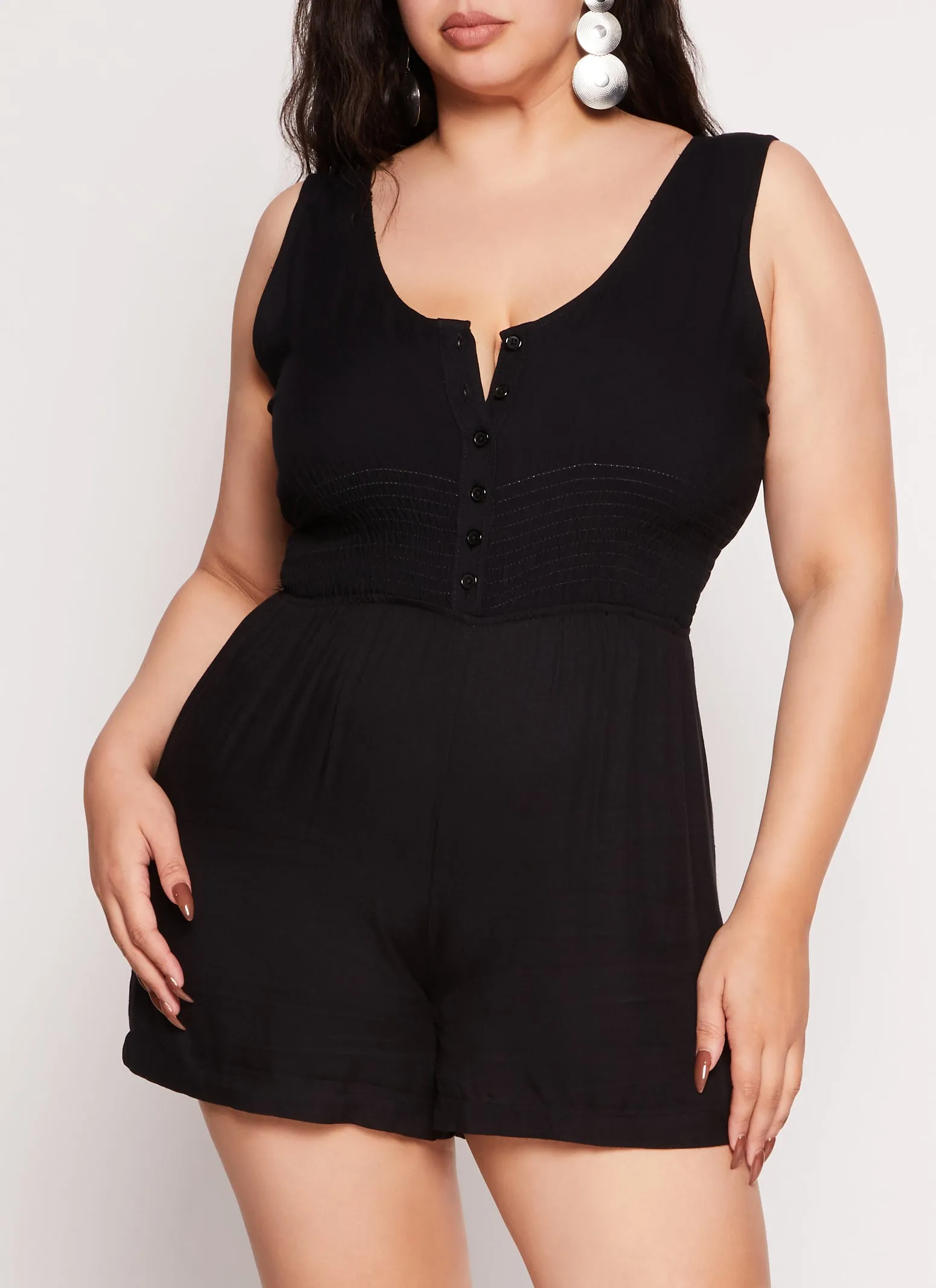 Plus Size Twill Button Front Smocked Waist Romper sold by Rainbow