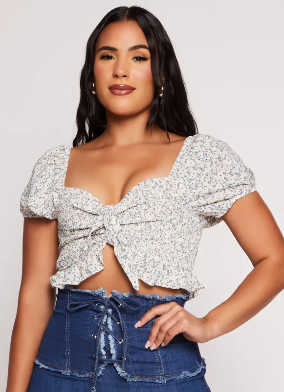 Iris Floral Print Peasant Tie Front Crop Top sold by Rainbow