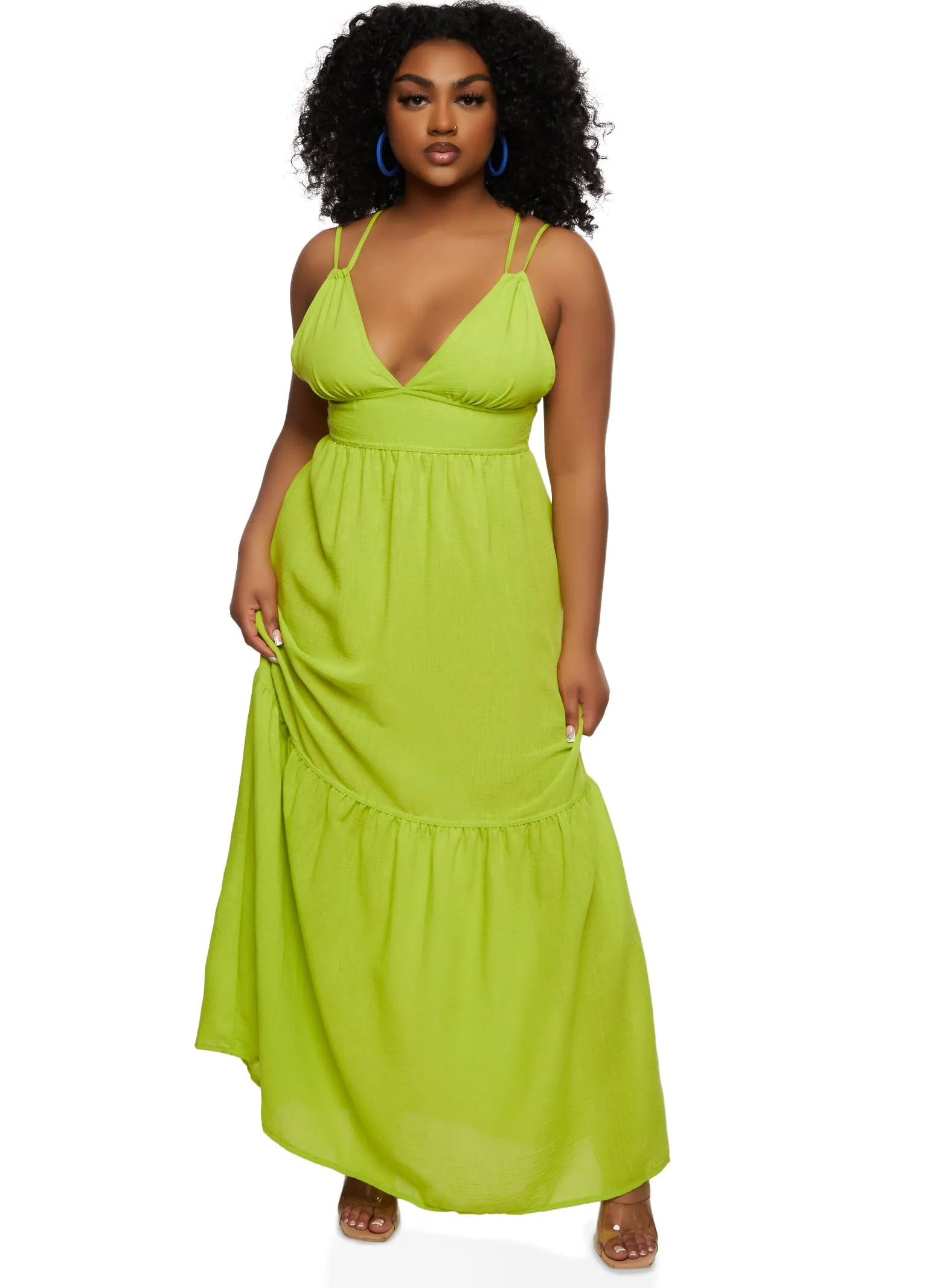 Haute Monde Linen Plunge Tiered Maxi Dress sold by Rainbow