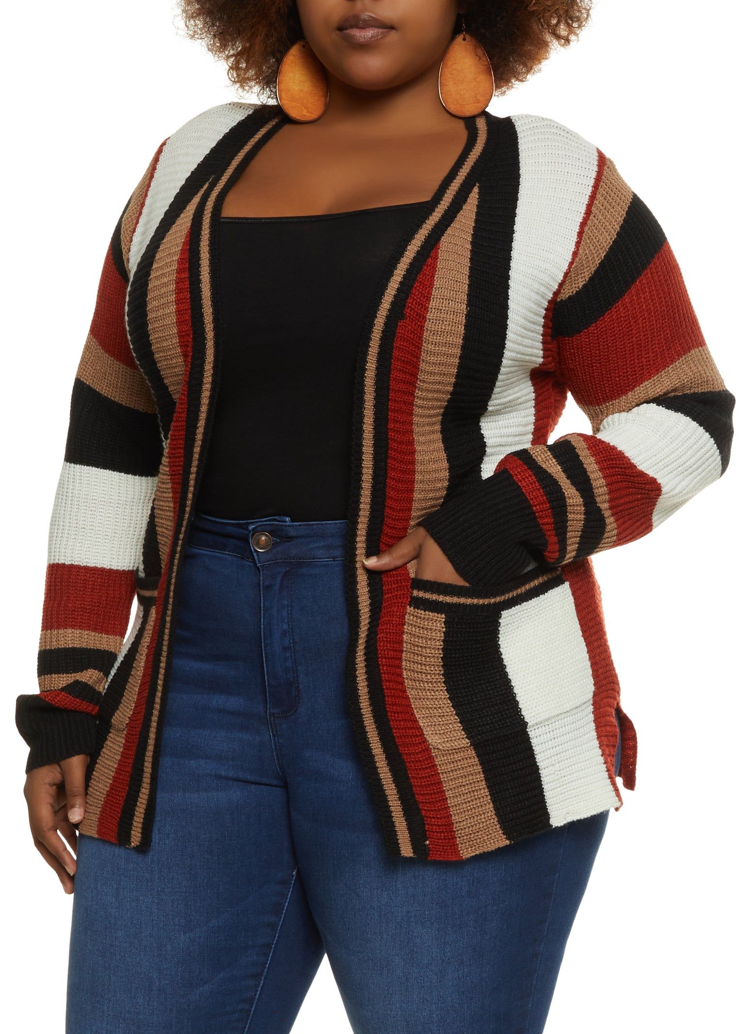 Plus Size Striped Pocket Cardigan sold by Rainbow