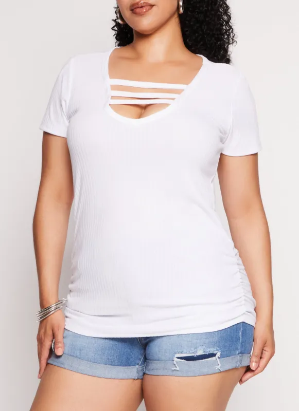 Plus Size Ribbed Caged V Neck Tee sold by Rainbow