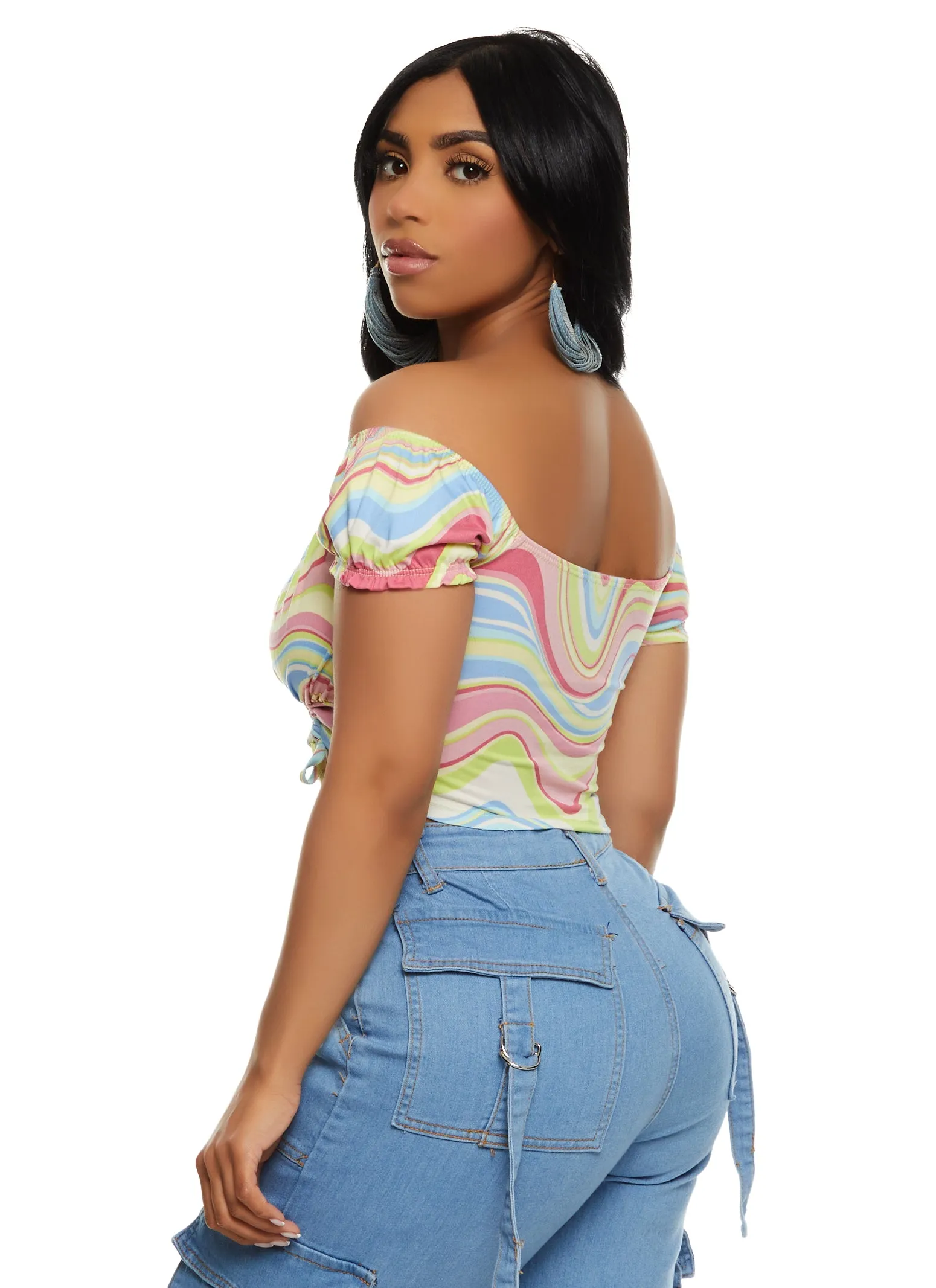 Almost Famous Printed Ruched Off the Shoulder Crop Top sold by Rainbow product image thumbnail 2