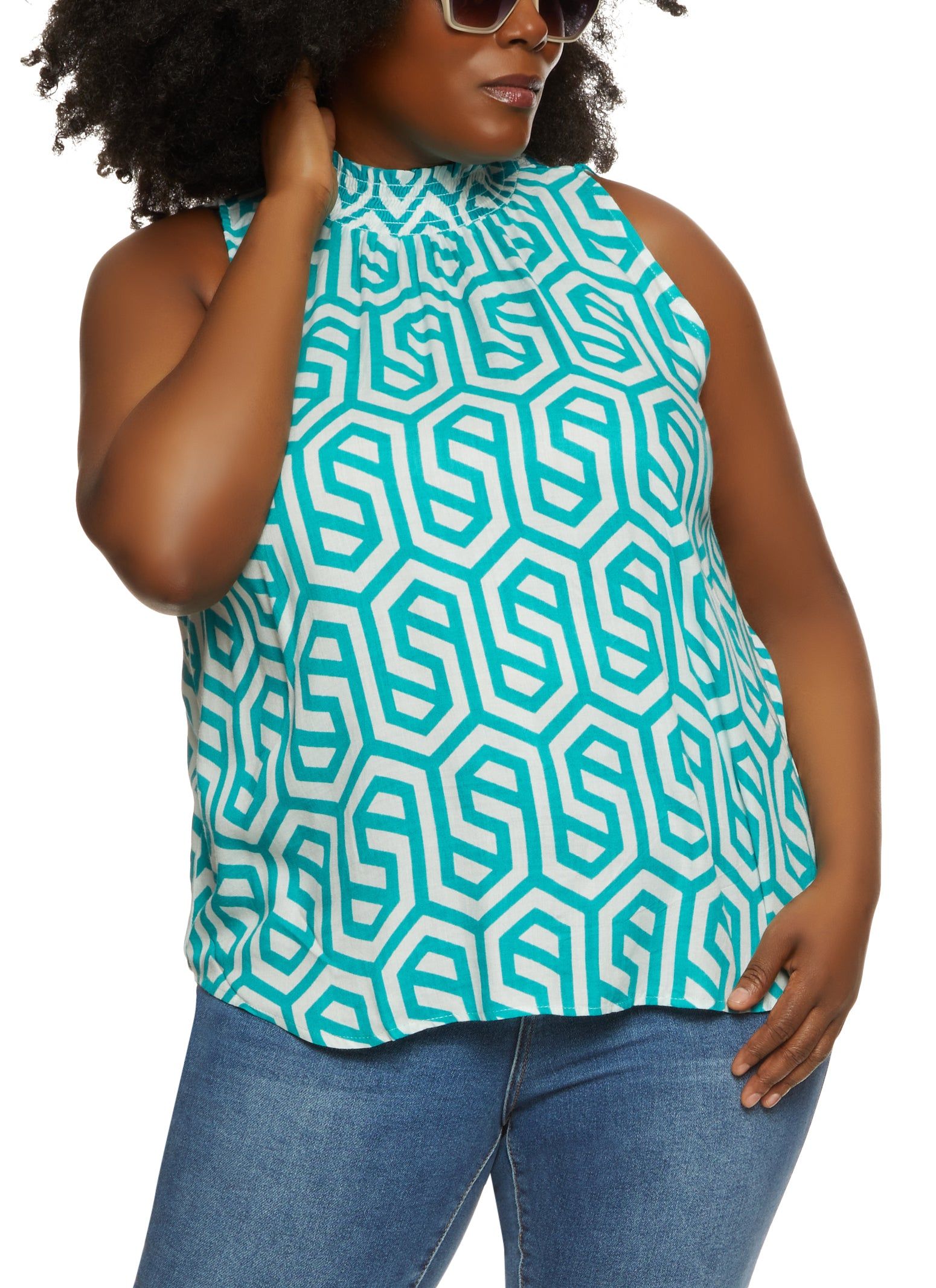 Plus Size Geometric Print Mock Neck Blouse sold by Rainbow