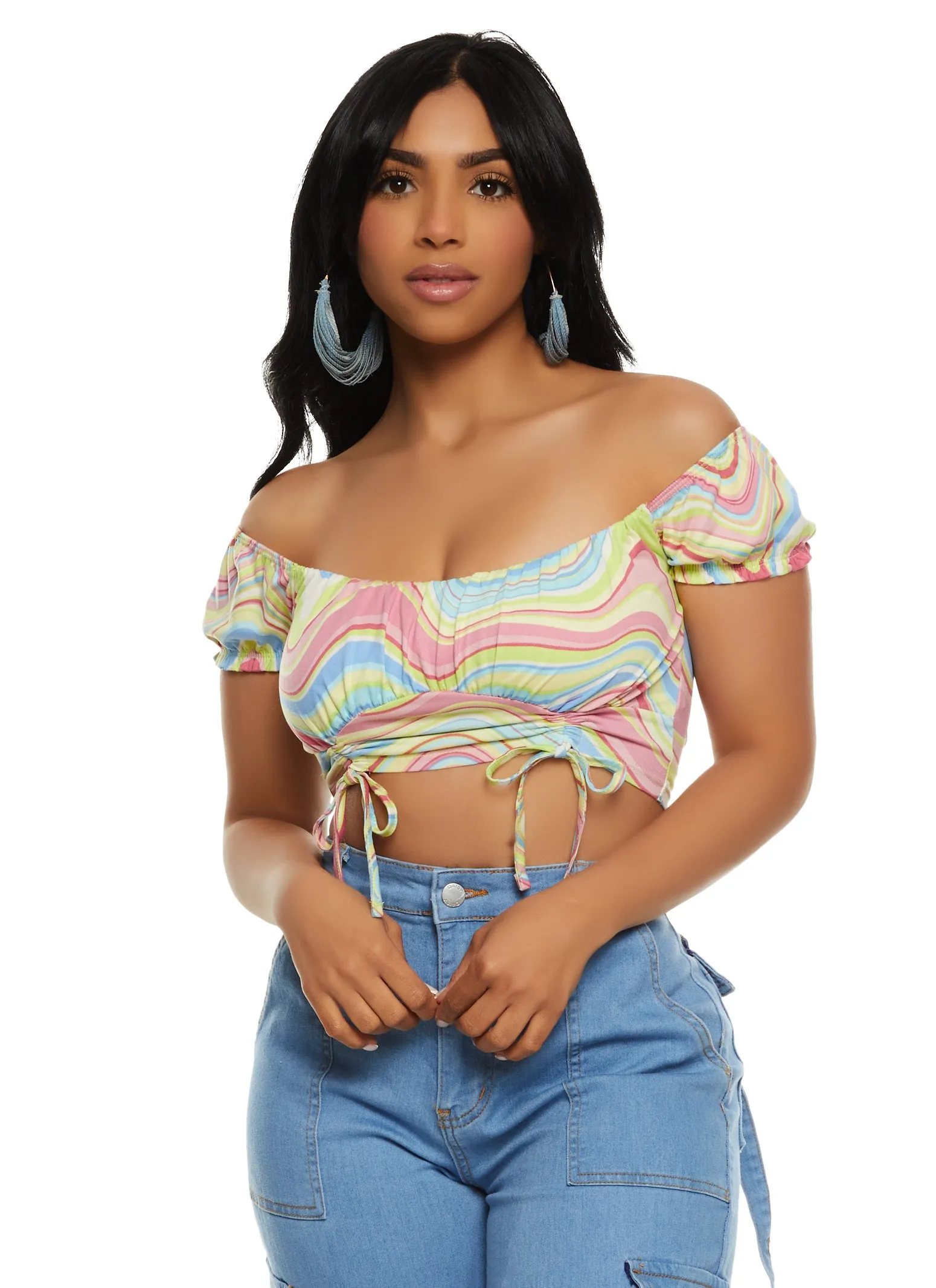 Almost Famous Printed Ruched Off the Shoulder Crop Top sold by Rainbow