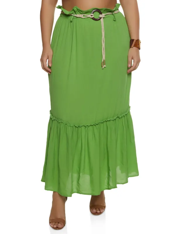 Plus Size Rope Belted Tiered Maxi Skirt sold by Rainbow