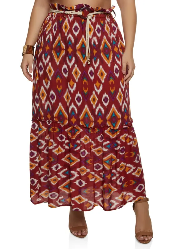 Plus Size Printed Rope Belted Maxi Skirt made by Rainbow