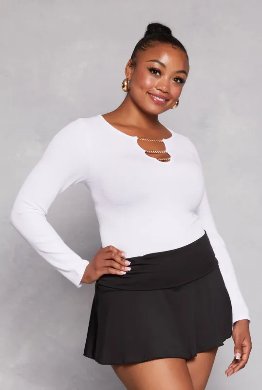 Plus Size Seamless Chain Notch Neck Long Sleeve Top sold by Rainbow