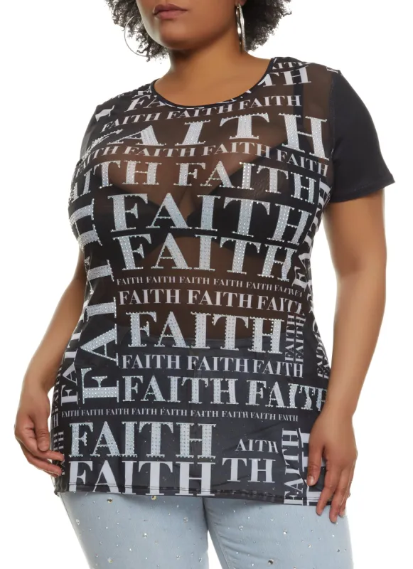 Plus Size Mesh Rhinestone Faith Print Top sold by Rainbow