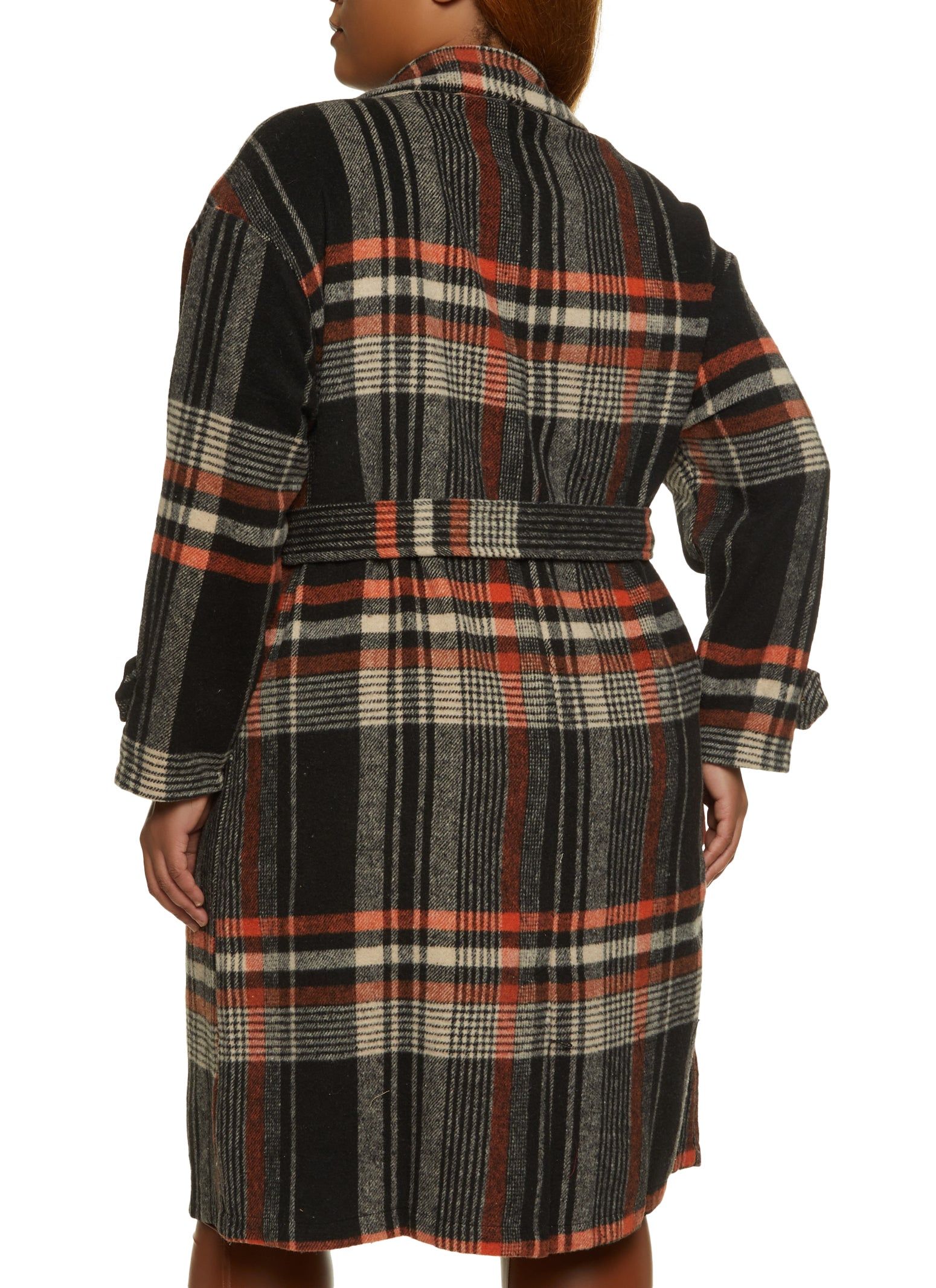 Plus Size Brushed Knit Plaid Belted Longline Shacket sold by Rainbow product image thumbnail 3