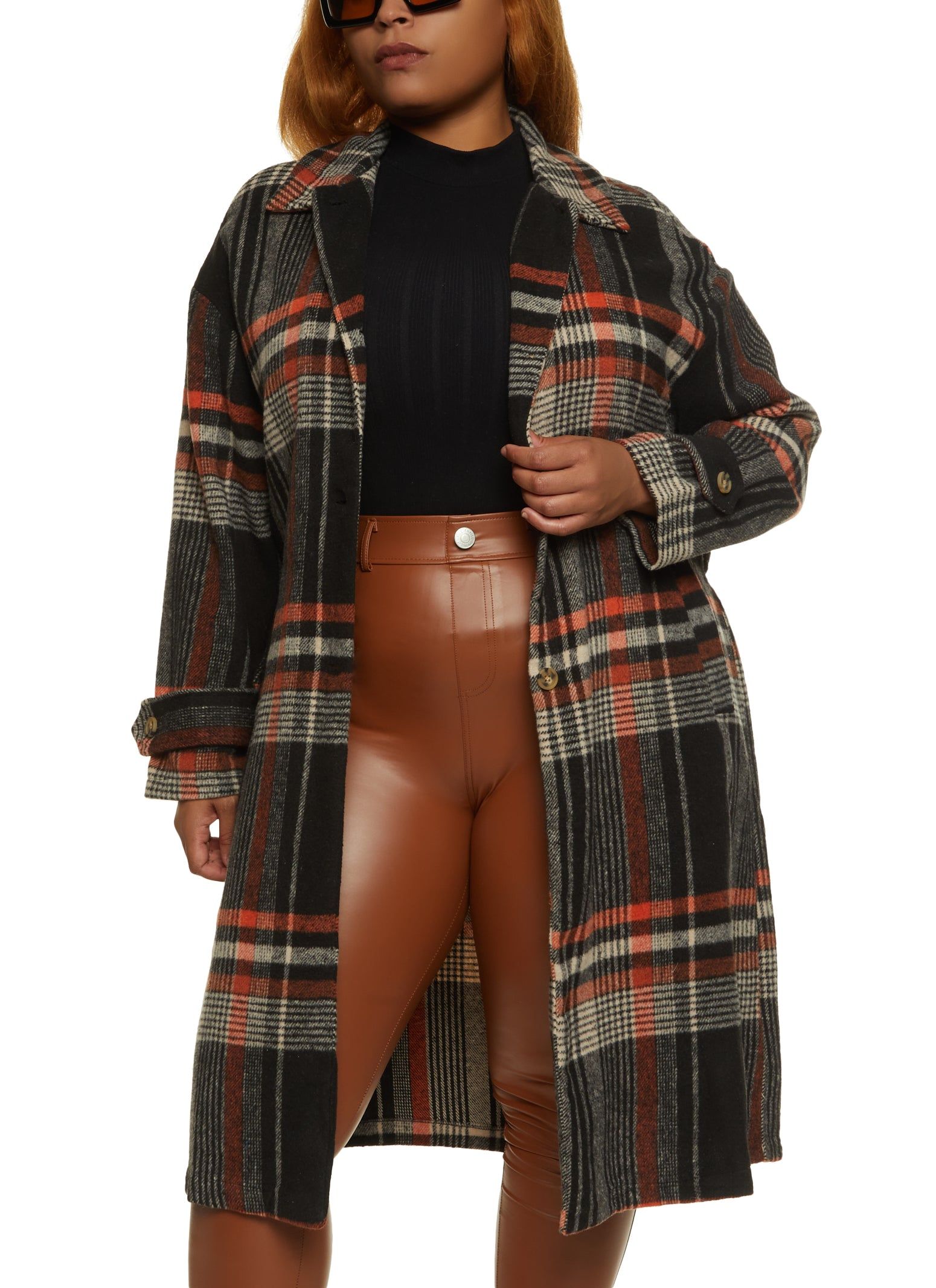 Plus Size Brushed Knit Plaid Belted Longline Shacket sold by Rainbow