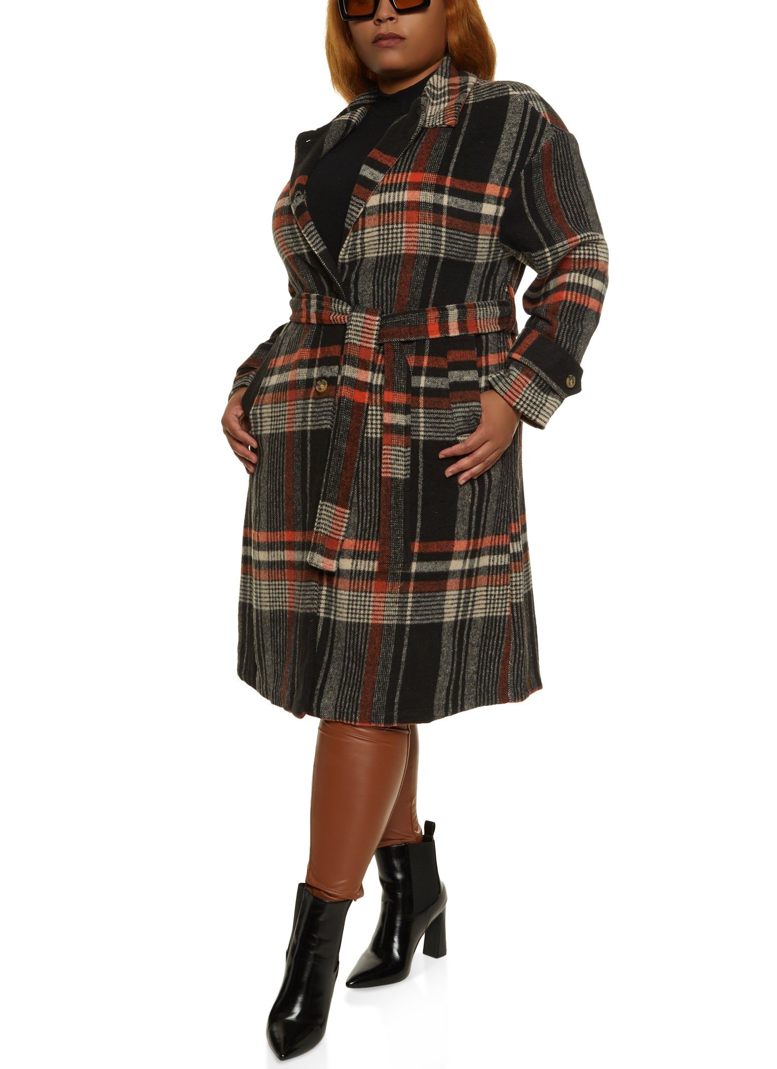 Plus Size Brushed Knit Plaid Belted Longline Shacket sold by Rainbow product image thumbnail 2