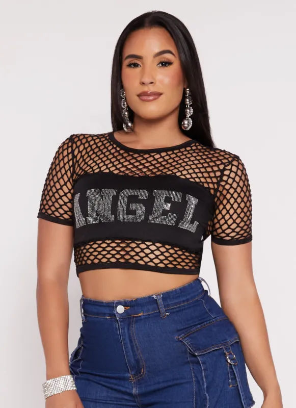 Angel Rhinestone Fishnet Crop Top sold by Rainbow