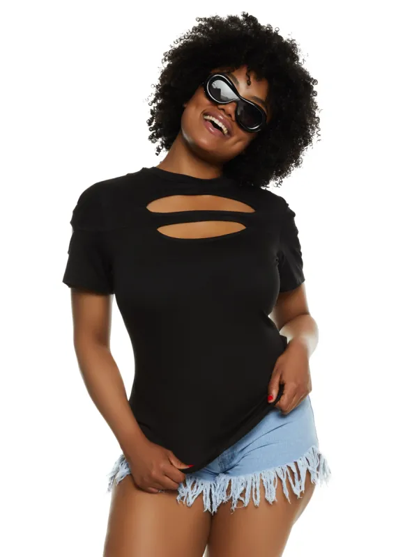 Plus Size Cut Out Crew Neck T Shirt sold by Rainbow
