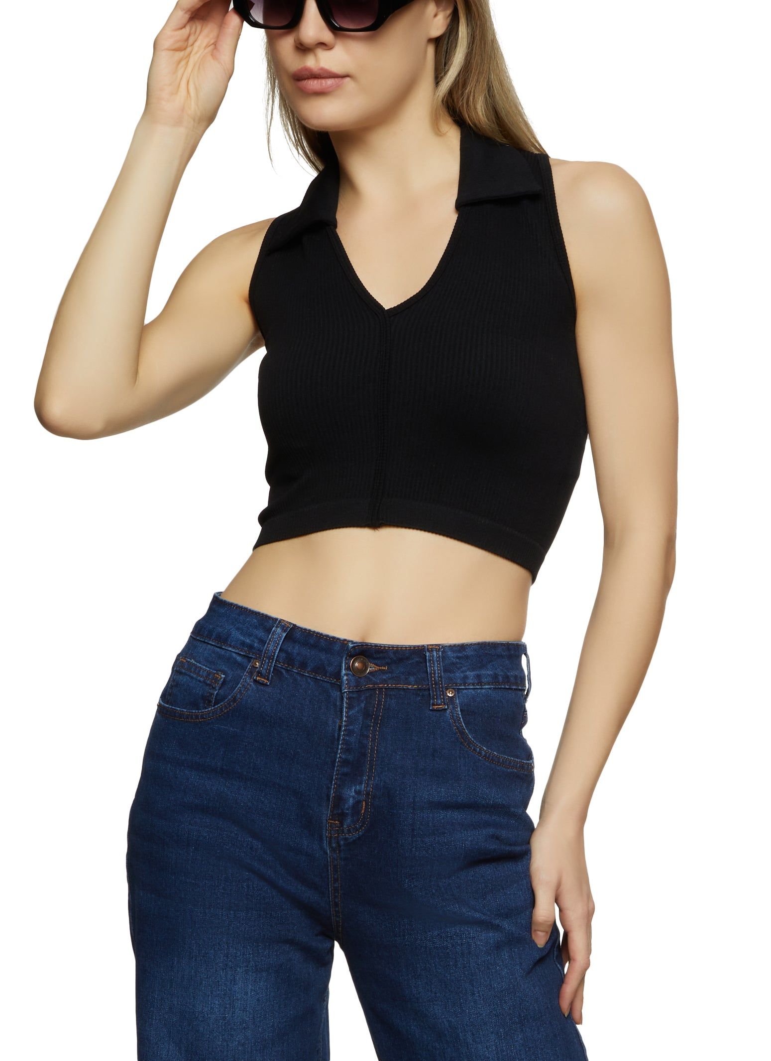 Seamless Rib Knit Collared Crop Top sold by Rainbow