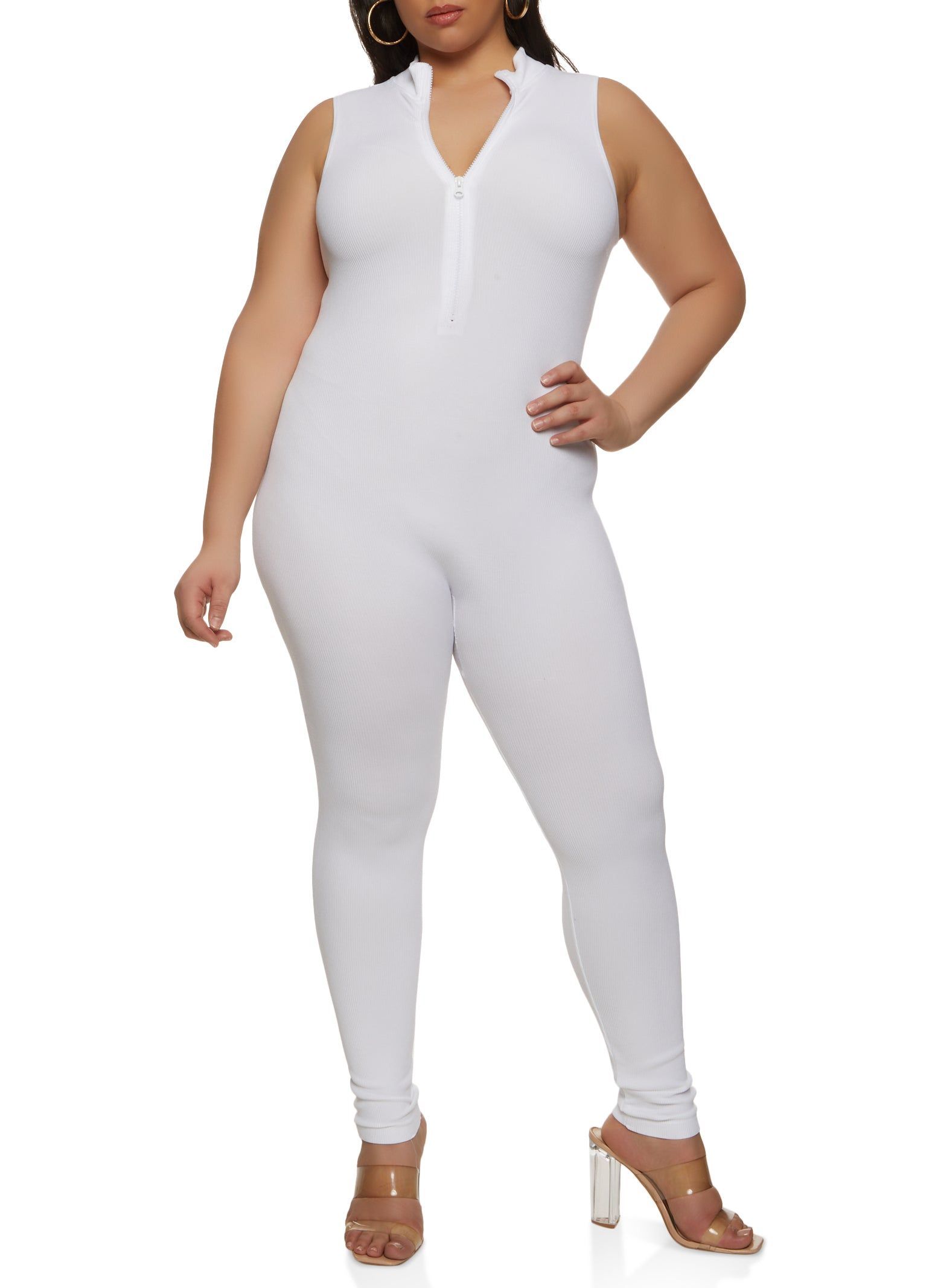 Plus Size Sleeveless Half Zip Catsuit sold by Rainbow