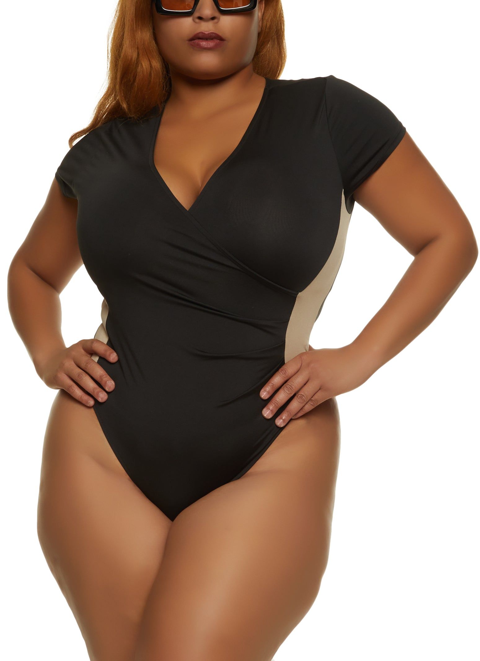 Plus Size Side Stripe Faux Wrap Bodysuit sold by Rainbow
