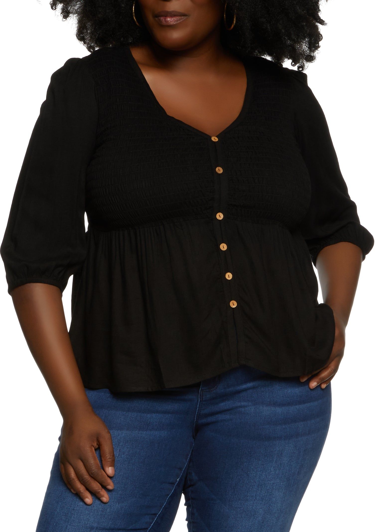 Plus Size Smocked Button Detail Top sold by Rainbow