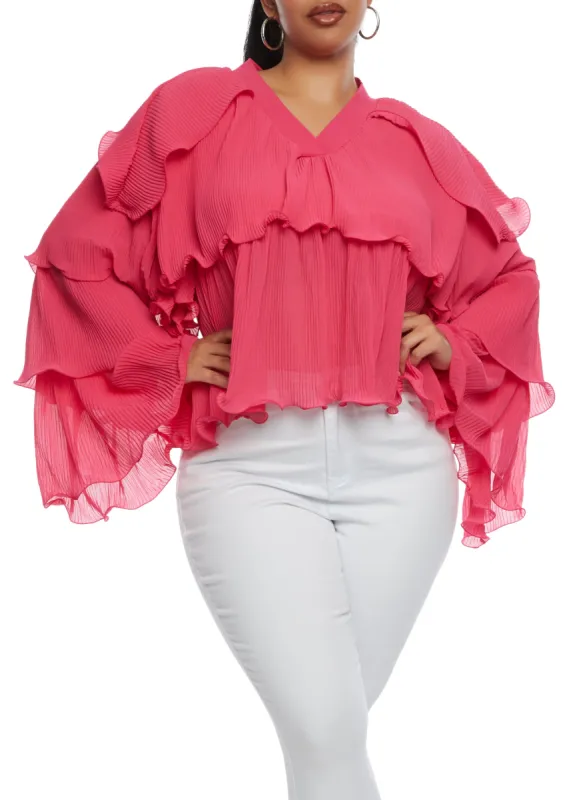Plus Size Plisse Ruffled Tiered Bell Sleeve Blouse sold by Rainbow