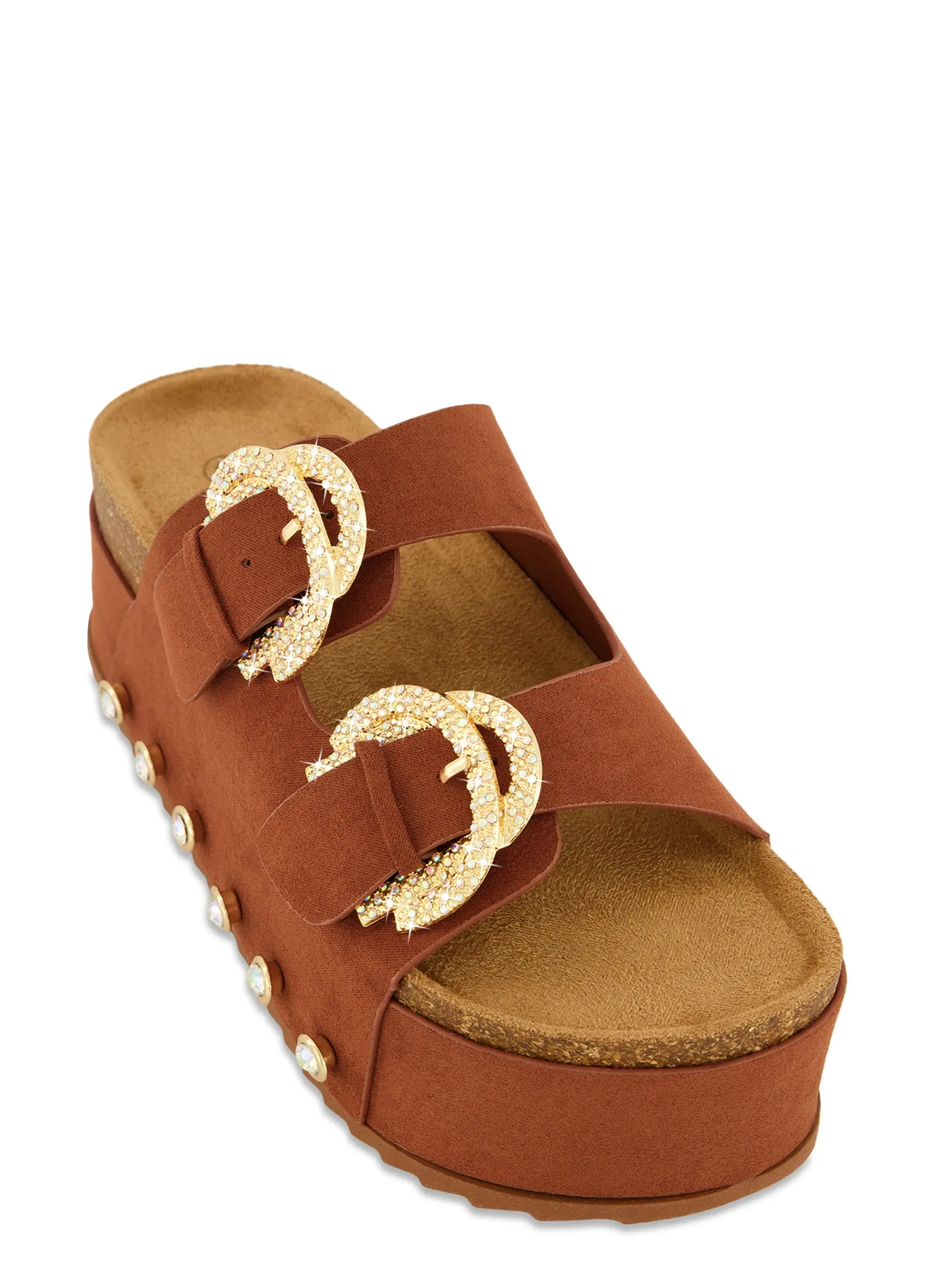 Faux Suede Rhinestone Buckle Platform Footbed Sandals sold by Rainbow
