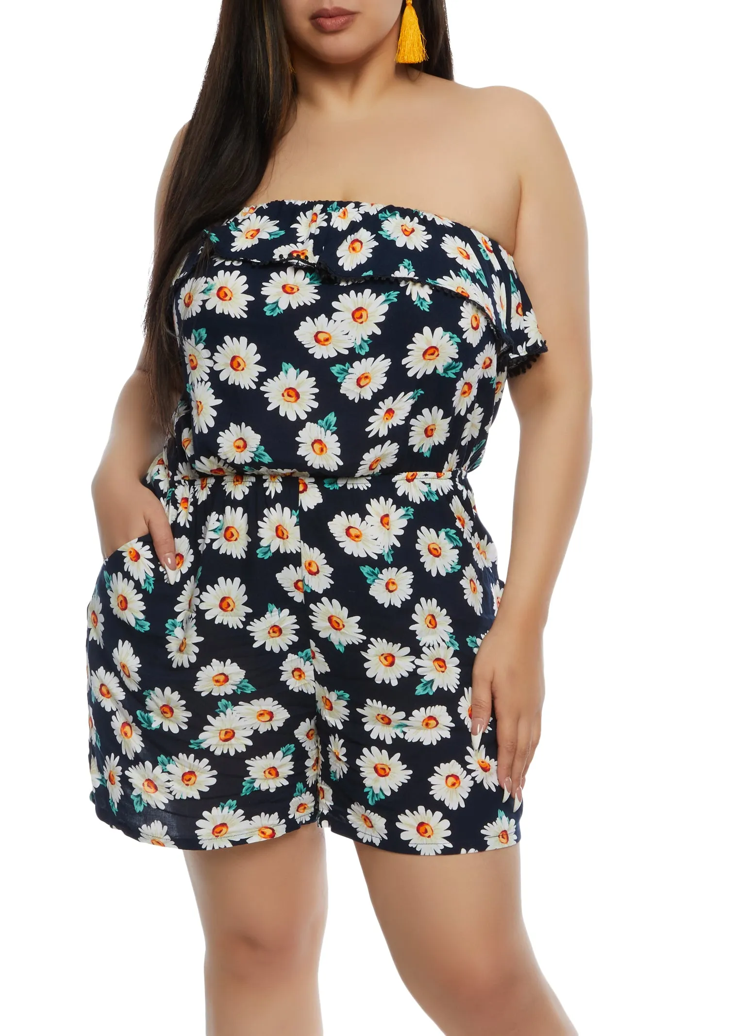 Plus Size Daisy Print Pocket Strapless Romper sold by Rainbow