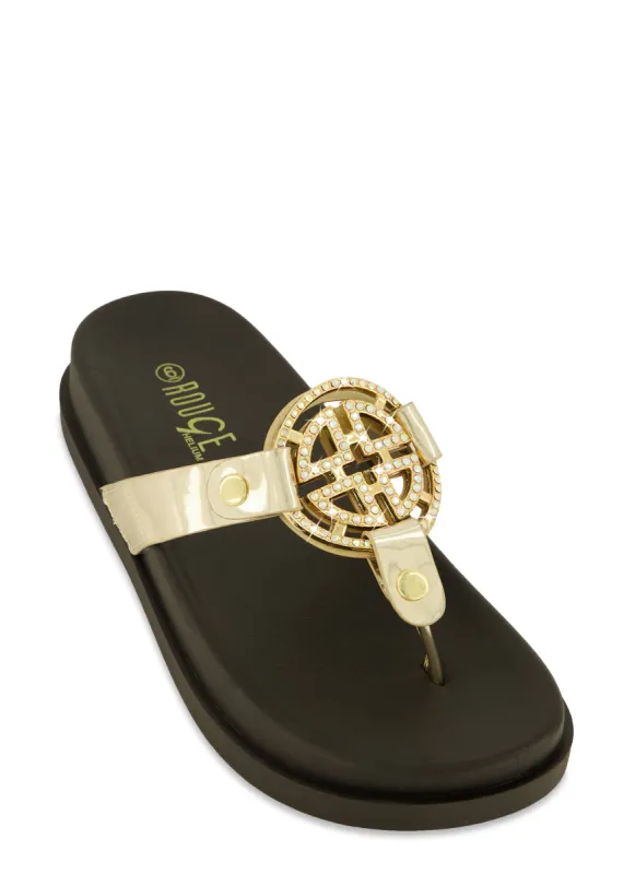 Geometric Rhinestone Pendant Platform Thong Sandals sold by Rainbow