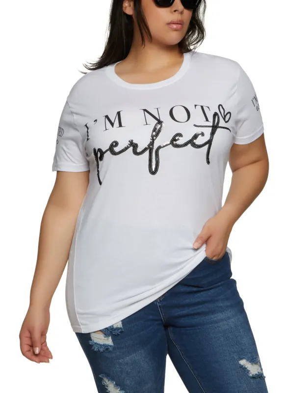 Plus Size Im Not Perfect Sequin Graphic Tee sold by Rainbow