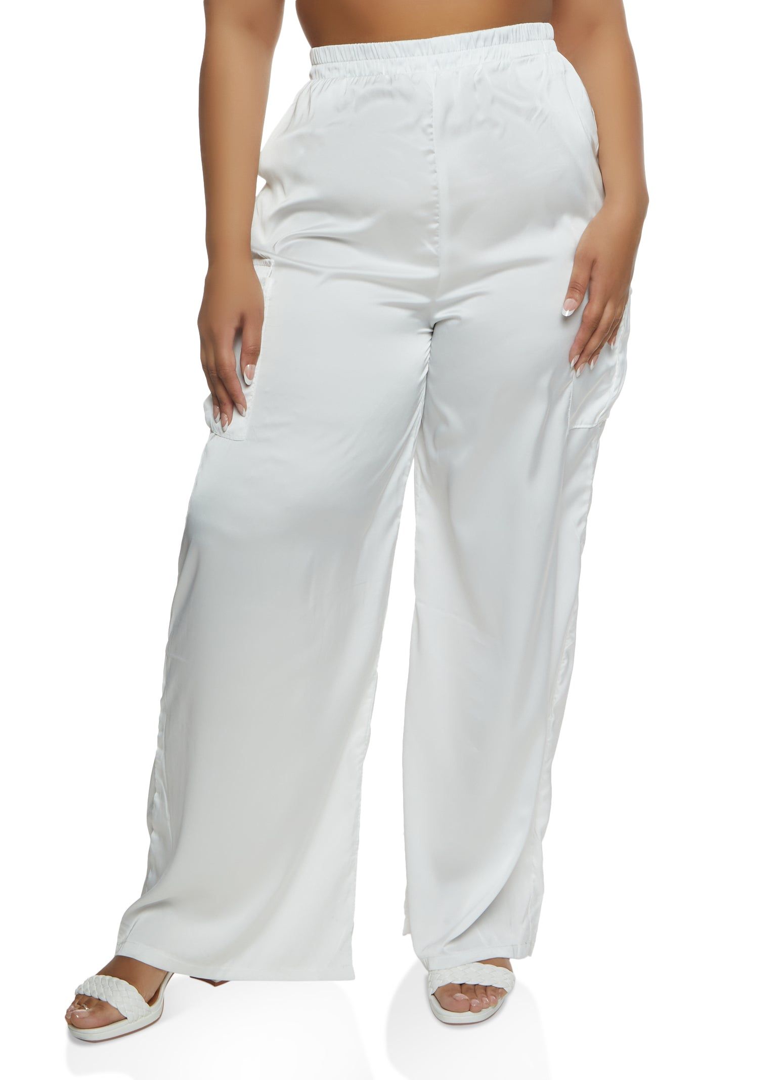 Plus Size Satin Cargo Pocket Palazzo Pants sold by Rainbow