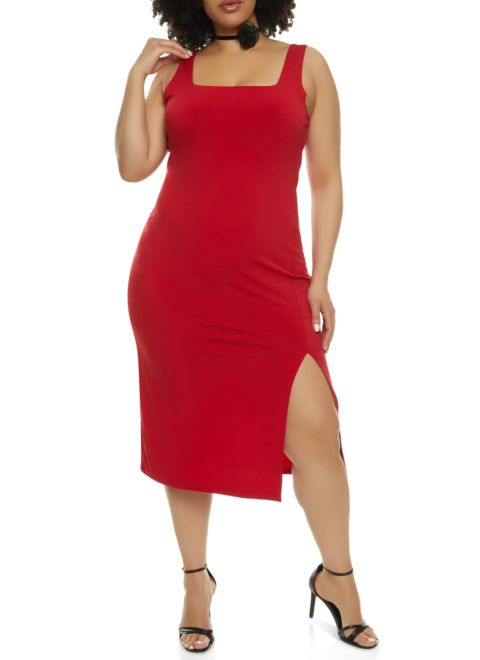 Plus Size Square Neck Midi Side Slit Tank Dress sold by Rainbow