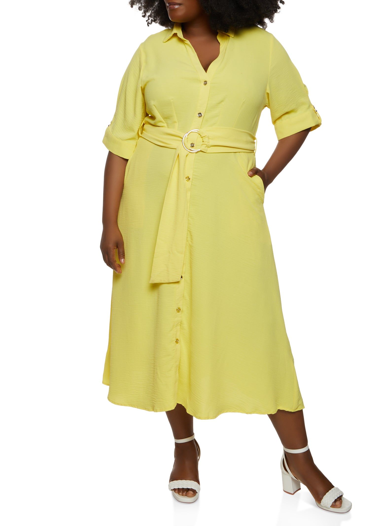 Plus Size Airy Belted Midi Shirt Dress sold by Rainbow