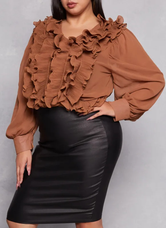 Plus Size Plisse Ruffle Chiffon Blouse made by Rainbow