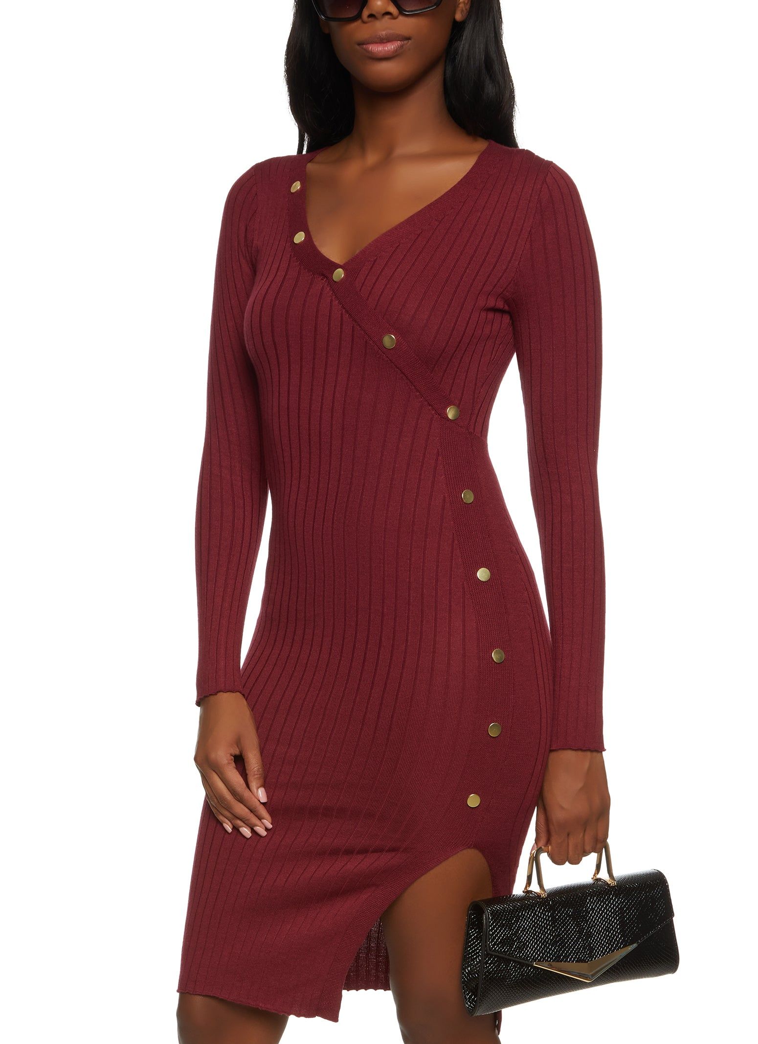 Faux Snap Button Detail Ribbed Knit Midi Dress sold by Rainbow